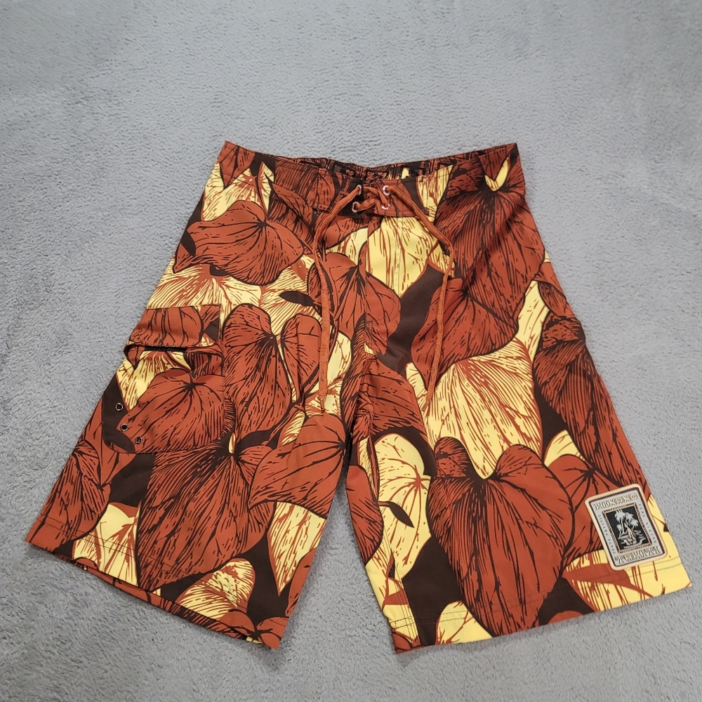 Hinano Tahiti Swim Trunks Mens 30 Tropical Floral Surf Board Shorts Brown Yellow